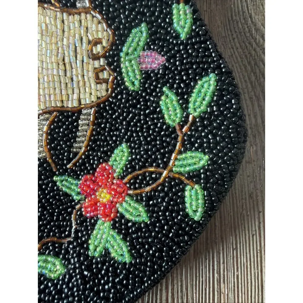 Vintage Hand Beaded Purse Black Colorful Roses Bag 1950 1960 flapper party - Picture 10 of 16